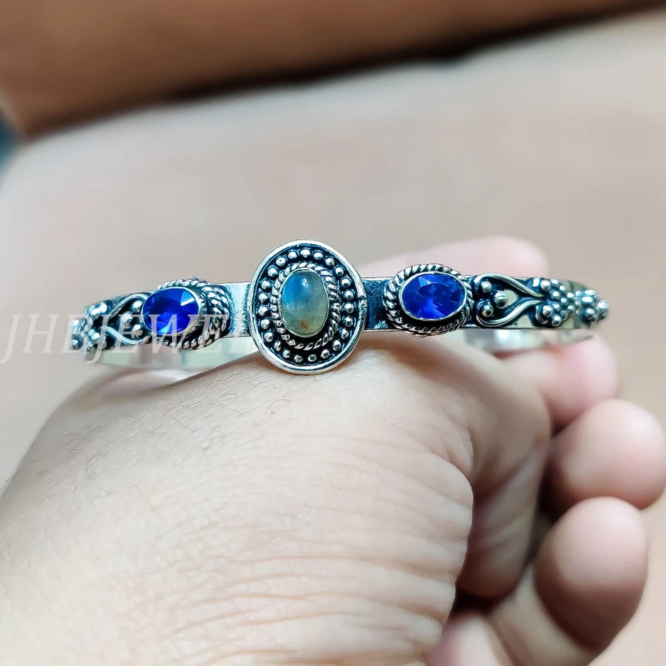 Blue Tanzanite, Labradorite Gemstone Bracelet 925 Sterling Silver Bangle /H-122 - Image 2 of 4