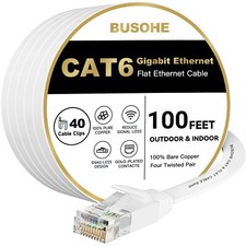 BUSOHE Cat6 Ethernet Cable 100 FT White, Cat-6 Flat Internet LAN Network Ethe...