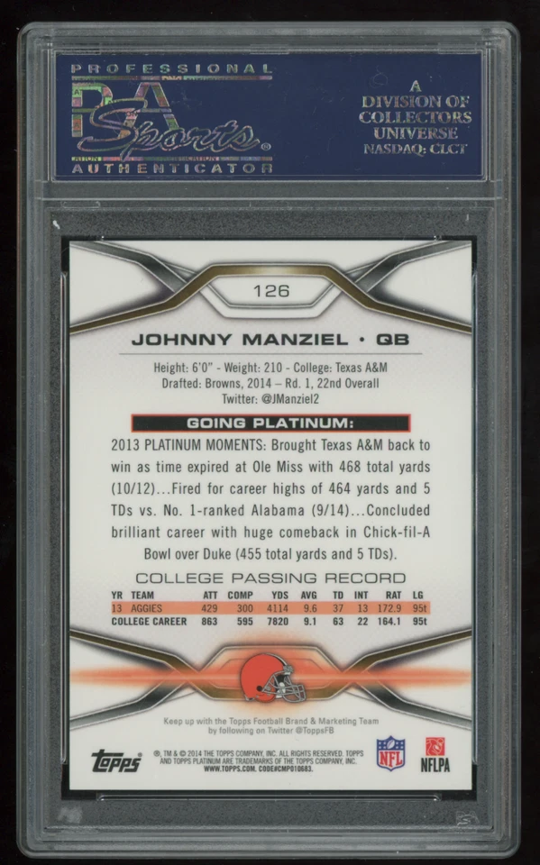 2014 TOPPS PLATINUM #01/10 JOHNNY MANZIEL PINK REFRACTOR PSA 9 MINT ROOKIE RC - Image 2 of 2