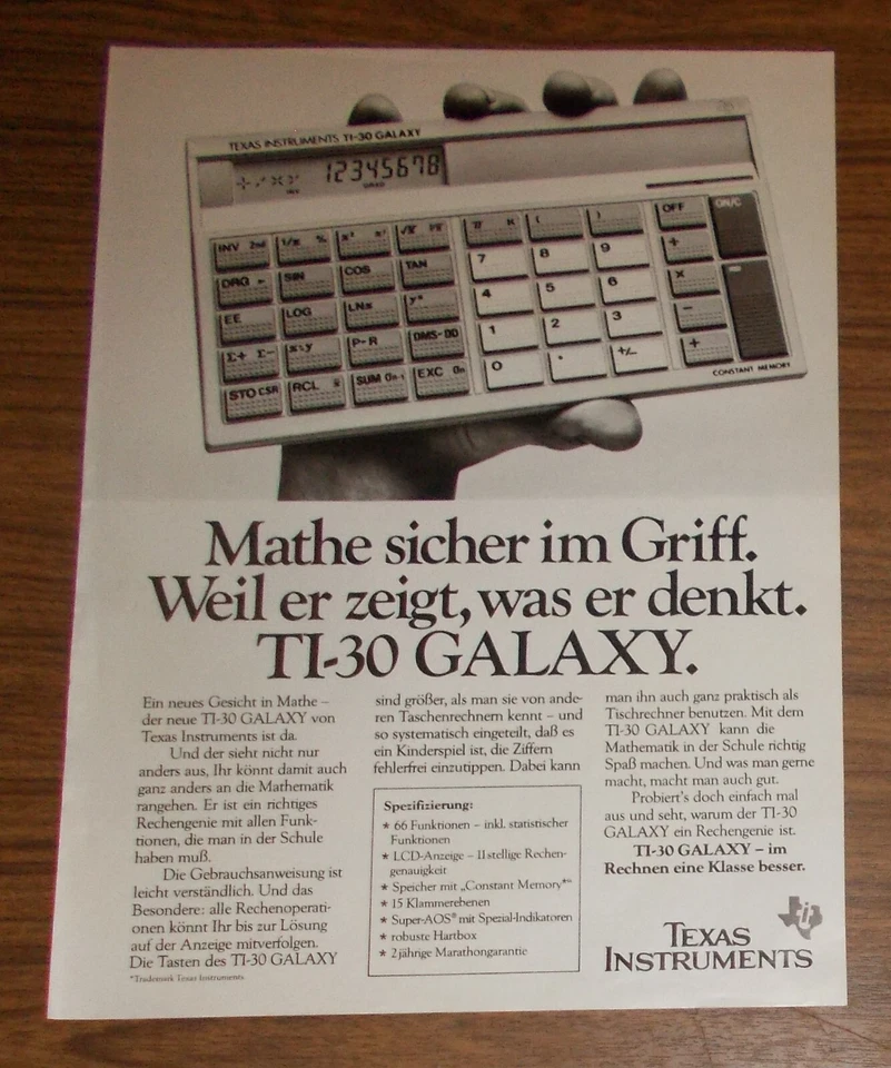 Seltene Werbung TEXAS INSTRUMENTS TI-30 GALAXY Taschenrechner #1 1985 - Bild 1 von 1