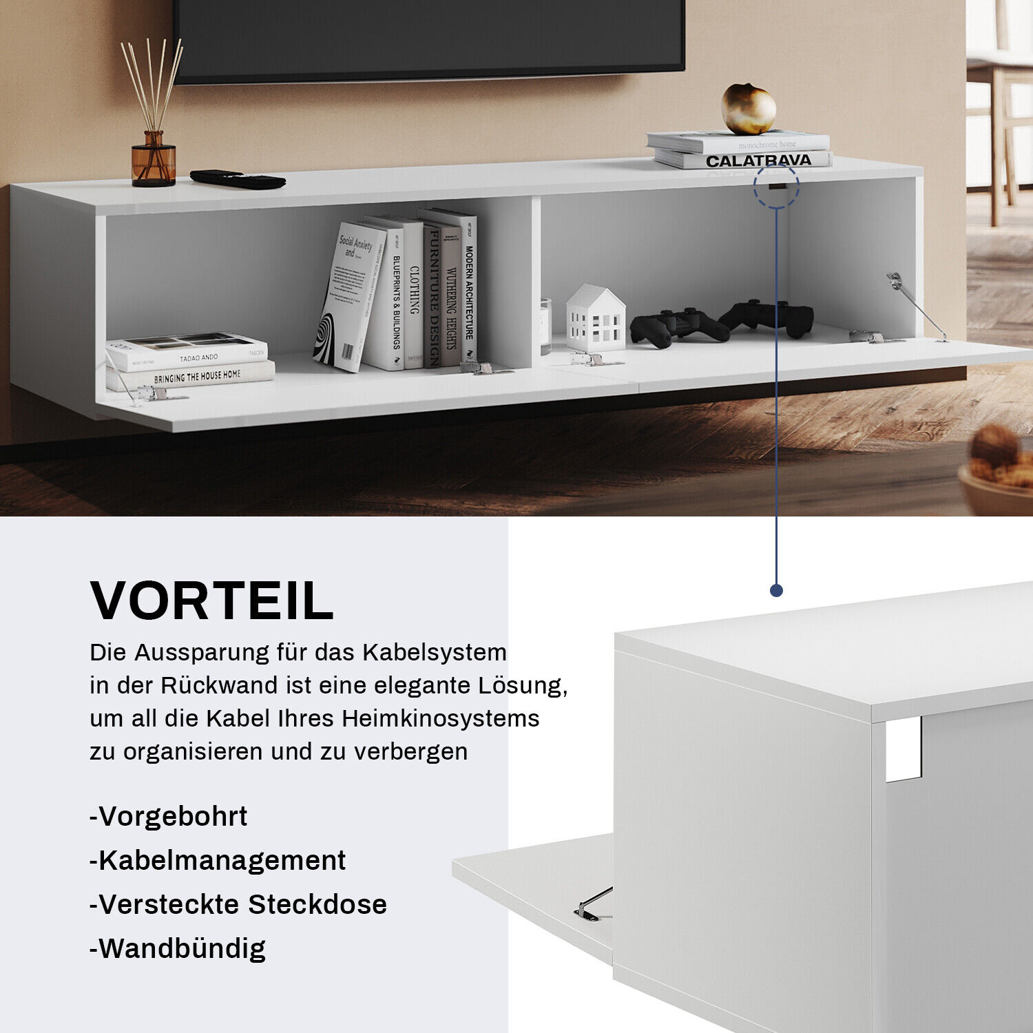 TV Schrank Board Lowboard Hängend Sideboard Spanplatte 140 Möbel Weiß Hochglanz