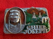 BELT BUCKLE CHIEF JOSEPH VINTAGE INLAY 1982 NATIVE AMERICAN MADE IN USA P10