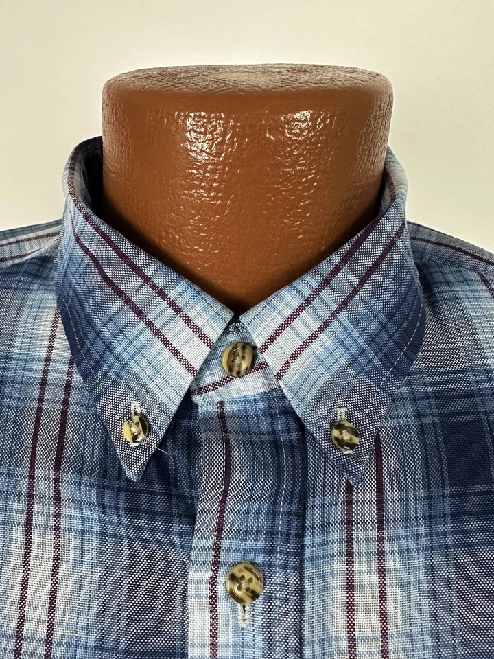 90s Oakton Limited Oxford Shirt Men Large TALL Blue Plaid Long Sleeve Button USA - Image 4 of 4