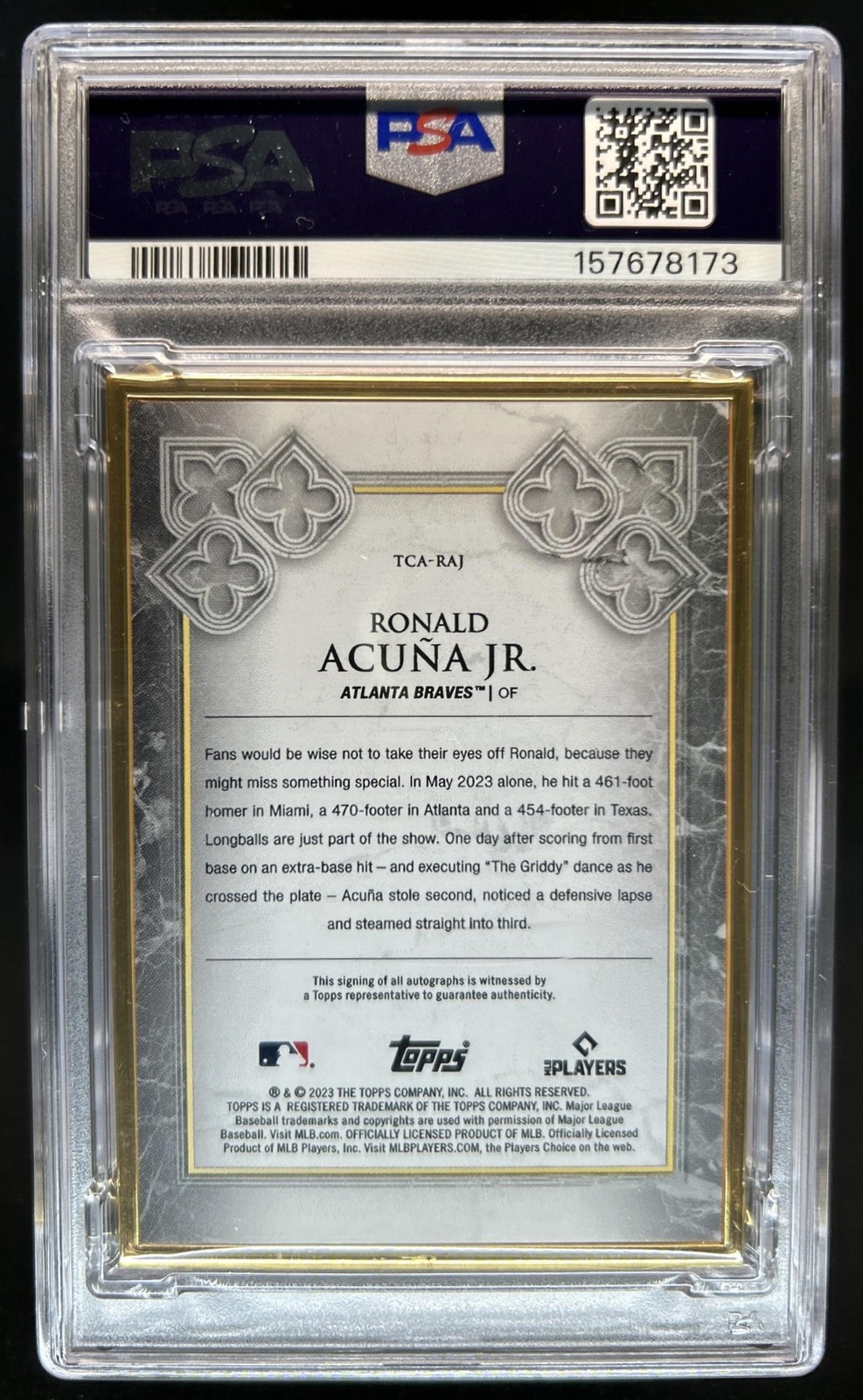 2023 Topps Transcendent Ronald Acuna Jr. Gold Frame Auto Rose #1/1 PSA 9 view 2