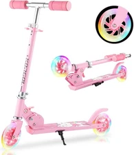 Folding Kick Scooter for Kids Adjustable Handlebar with LED Light Up Wheels Pink