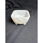 Vintage Milk Glass Footed Trinket Bowl Square White Shell Floral Embossed 3in
