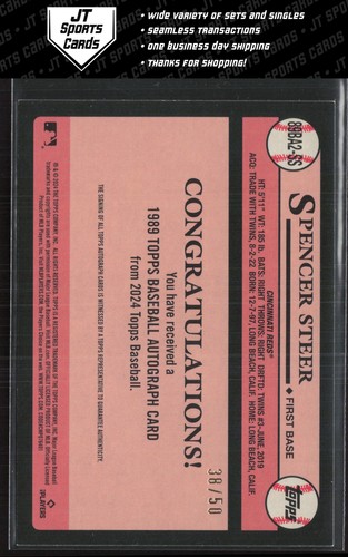 Aggiornamento Topps 2024 Spencer Steer 89BA2-SS RC 1989 Topps Gold Auto /50 Reds - Foto 2 di 2