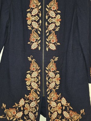 Chico's Womens 1 (M 8-10) Navy Long Tunic Embroidered Chic Boho Artsy Jacket