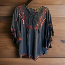 Lucky Brand Womens Boho Embroidered top Asymetrical Bell Sleeves size 1X