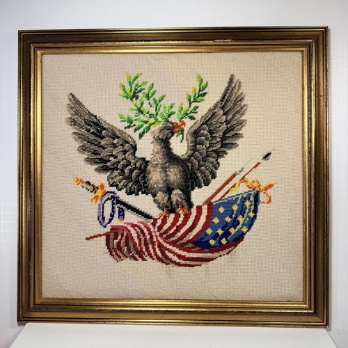 E Pluribus Unum Needlepoint Eagle Olive Branch USA Flag 16" X 16"  Patriotic VTG