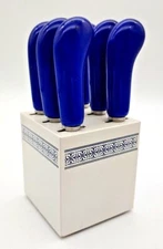 Vintage Cobalt Ceramic Stainless Steel Cheese Spreaders Knives Knife Block Japan