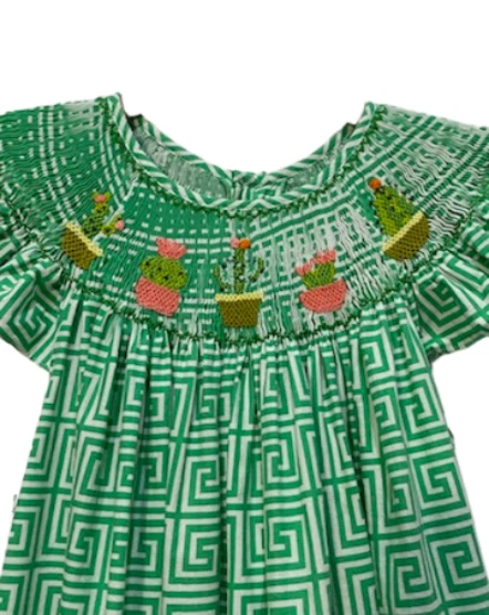 Vestido MOM & ME Niñas Verde Blanco Cactus Bishop Talla 6 Algodón Preppy Verano Foto 4 de 4