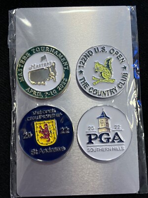 4er Set Flat Golf Ball Marker 2022 Majors Masters, US Open, PGA etc. PORTOFREI
