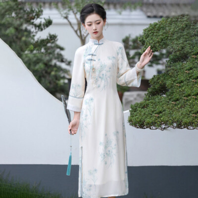 2024 Spring Chinese Style Retro Lady Floral Qipao Dress Cheongsam Casual  Dress