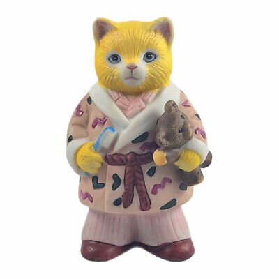 Schmid Kitty Cucumber Cat Figurine 1987 Ready for Bed with Bear and Toothbrush