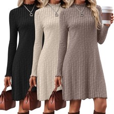 3 Pack Women's Long Sleeve Sweater Dresses Ribbed Knit Lettuce Trim Mock Turt...