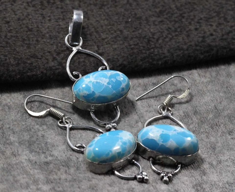 925 Silver Plated Mosaic Jasper Pendant Earrings Set Jewelry Size 2|2" AU Q843