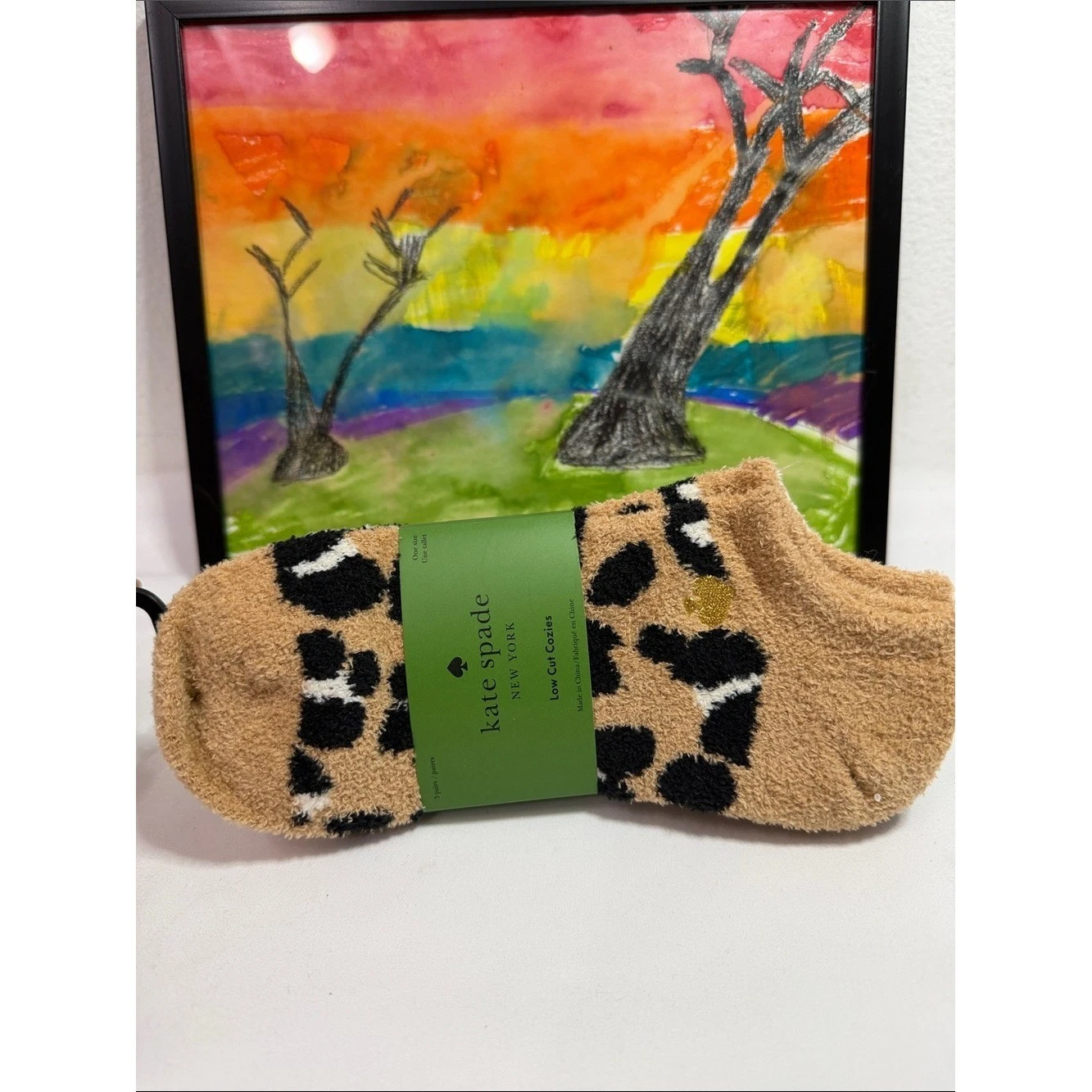 kate spade Leopard Print Fuzzy Ankle Socks in Tan, Black & White set of 3 pairs
