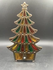 Vintage Cast Iron Metal Stained Glass Christmas Tree Tea Light Candle Holder