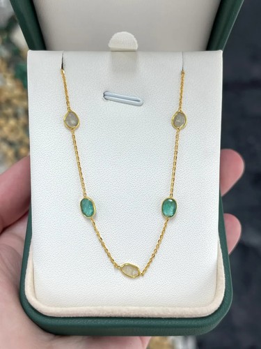 3.24tcw Natural Emerald & Diamond by the Yard Layer Bezel Set Necklace 14K - 第 2/7 張圖片