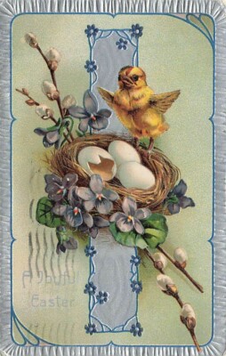c1910 Chick Nest Eggs Hatched Silver Border Germany Easter P283
