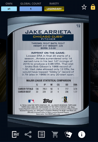 2016 Topps Bunt DIGITAL - Gold Label - Legendary - 1 of 1 - Jake Arrieta (CUBS) - Picture 3 of 3