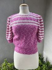 Vtg Top Sweater crochet knit pink white S/M Handmade