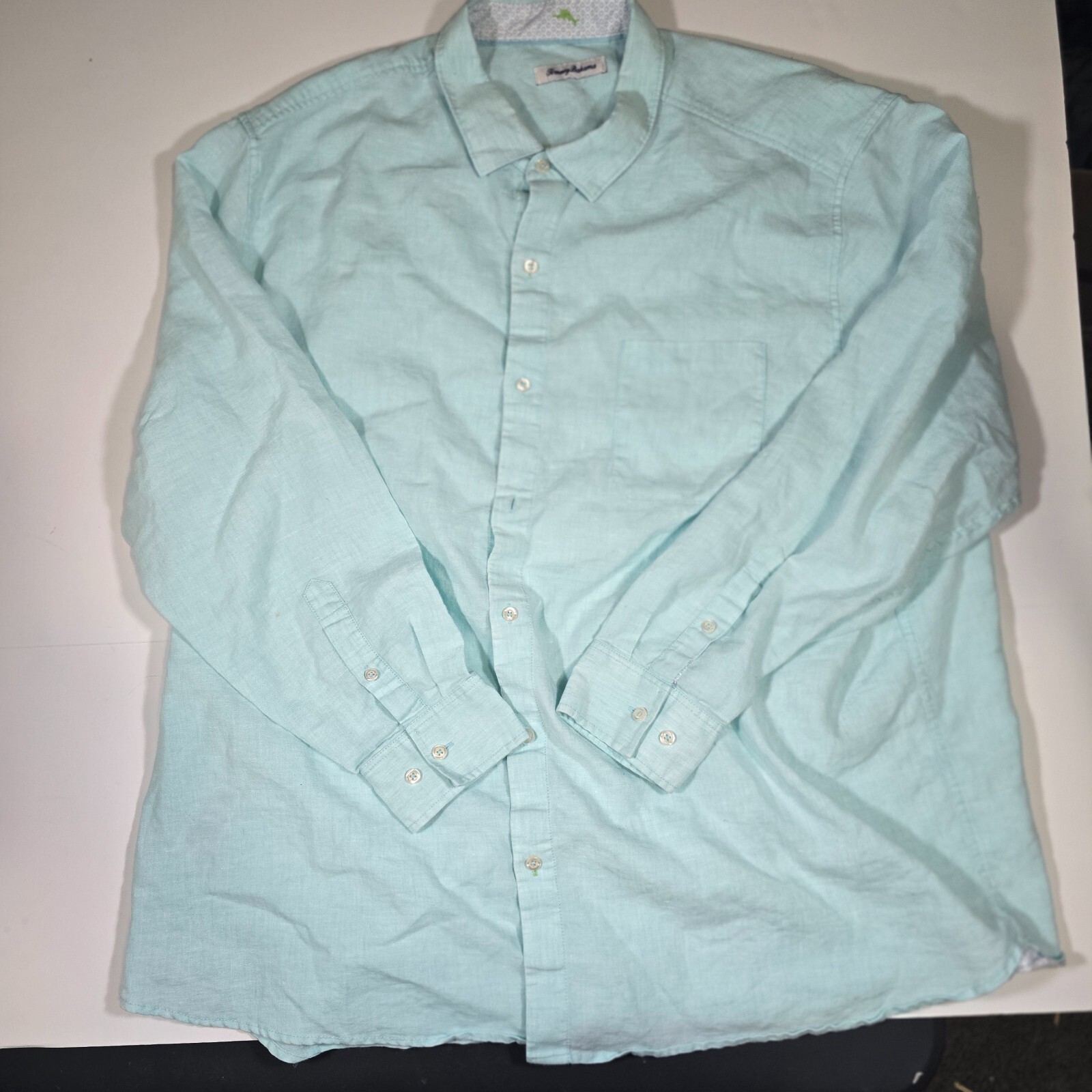 Tommy Bahama Shirt Mens 3XL Blue Linen Hawaiian Long Sleeve Pockets Button Up
