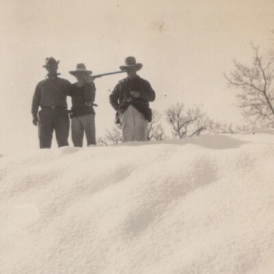 1940s Three Men Snowy Hill Winter Fashion Outdoor Rugged Scene