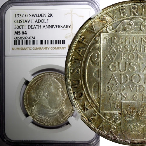 SWEDEN Silver 1932 G 2 Kronor NGC MS64 Death of Gustaf II Adolf BU KM# 805 (024)
