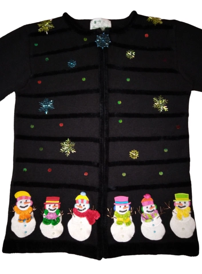 Cárdigan Suéter Vintage Quacker Factory Muñeco de Nieve Navidad Vacaciones Talla XS Foto 3 de 4