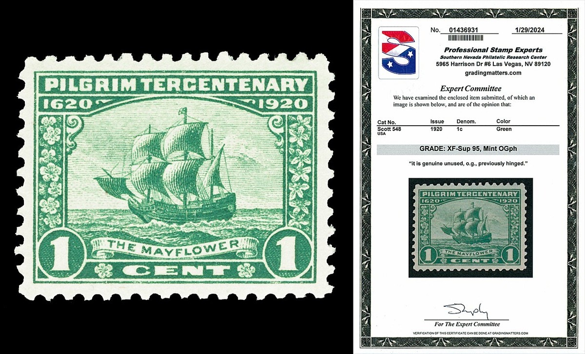 Scott 548 1920 1c Pilgrim Tercentenary Issue Graded XF 95 LH Scott 548 1920 1c Pilgrim Tercentenary Issue Graded XF 95 LH