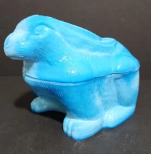 Vintage Blue Milk Glass Rabbit Covered Candy Dish 5" T