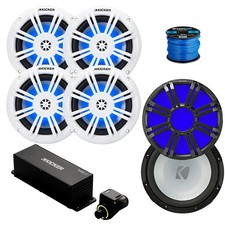 4x Kicker 6.5" 150W Marine LED White Speaker, 10" Sub, LED Grille, Remote,Wire