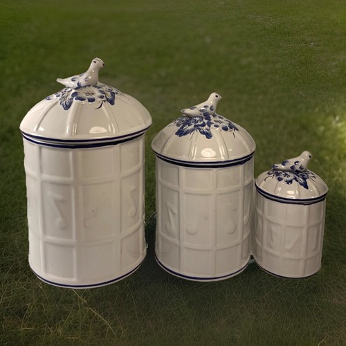 Set of 3 Vintage Porcelain Blue Bird Music Note Canisters