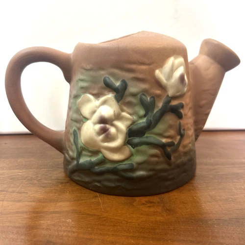Vintage Roseville Pottery Brown Watering Can 5” Vase Magnolias 180-5