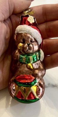 Komozja Family Poland Glass Teddy Bear Ornament with Drum Hand Painted 4.75 