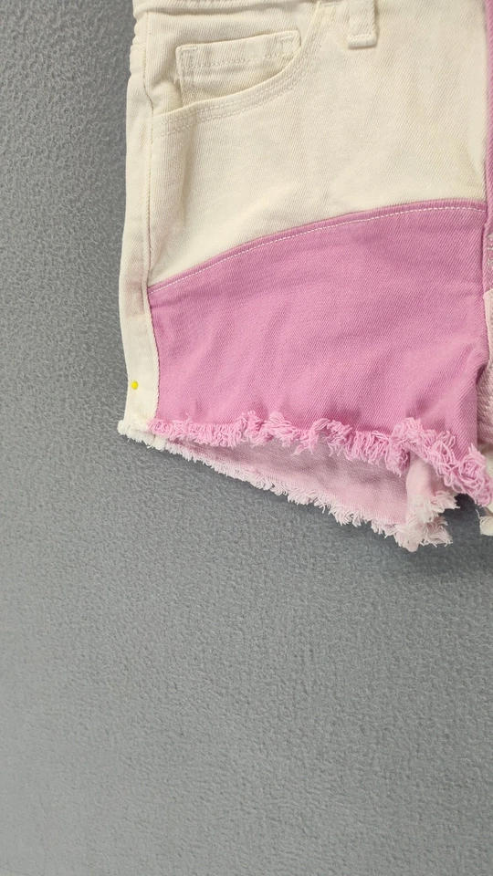 Hollister Mujer Mini Corto 25 Rosa Blanco Color Bloque Jean Deshilachado Dobladillo Elástico Foto 3 de 4