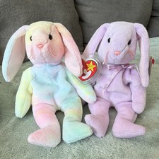 Ty Beanie Babies Hippie  Floppity Bunny Plush Lot of 2 with Heart Tags 1999