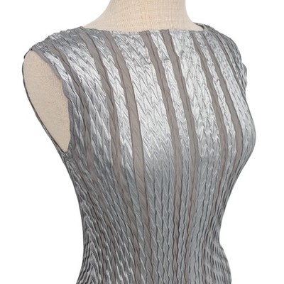 Vintage Silver Metallic Tank Top S Crinkle Satin Sheer Mesh Cyber Y2K Club Glam