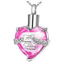 Crystal Urn Necklace for Human Ashes Heart Birthstone Memorial Cremation Pink