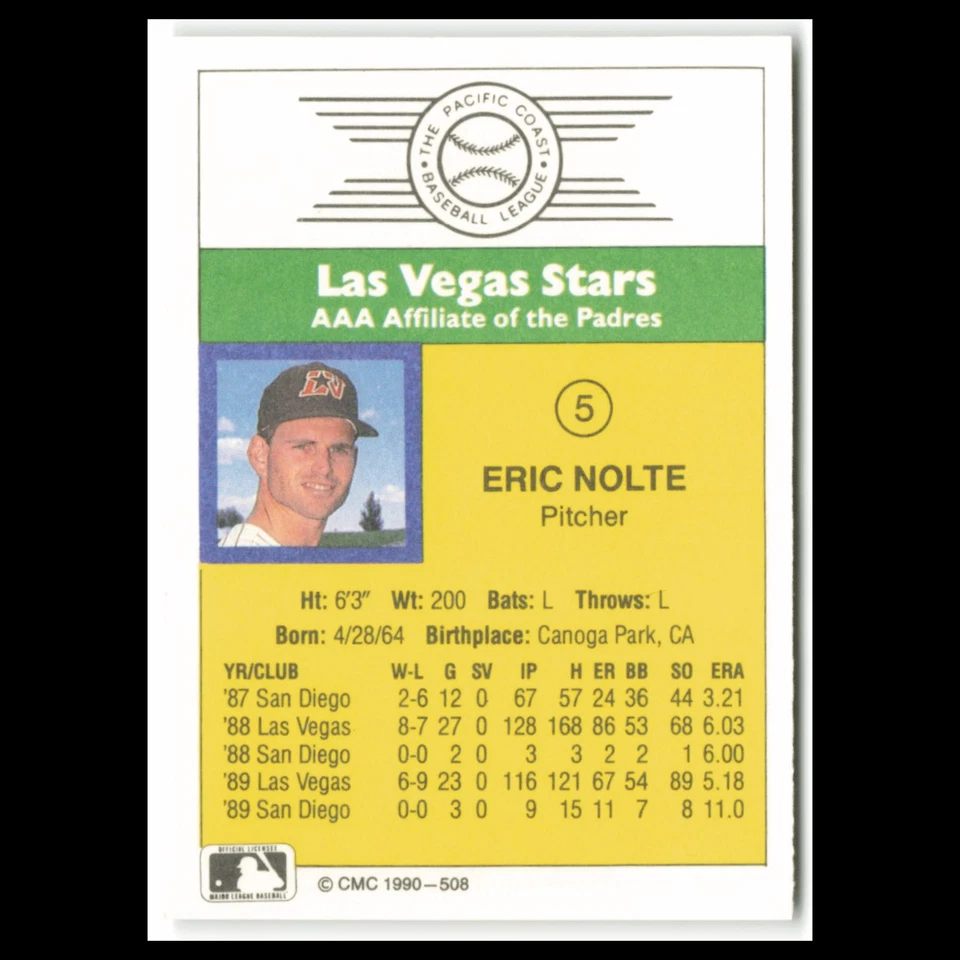 Eric Nolte #5 1990 CMC Pacific Leauge Las Vegas Stars Baseball Card MLB NM - Image 2 of 3