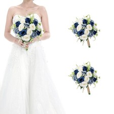 Set Of 2 Navy Dusty Blue White Bridesmaid Bouquets 7 Inch Wedding Ceremony