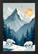Polar Bears in Snowy Mountains Framed Wall Art Poster Canvas Print Picture