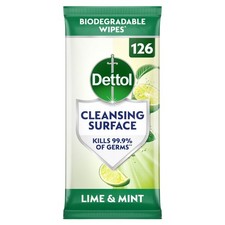 Image of Dettol Antibacterial Cleansing Surface Biodegradable Wipes Lime and Mint 126