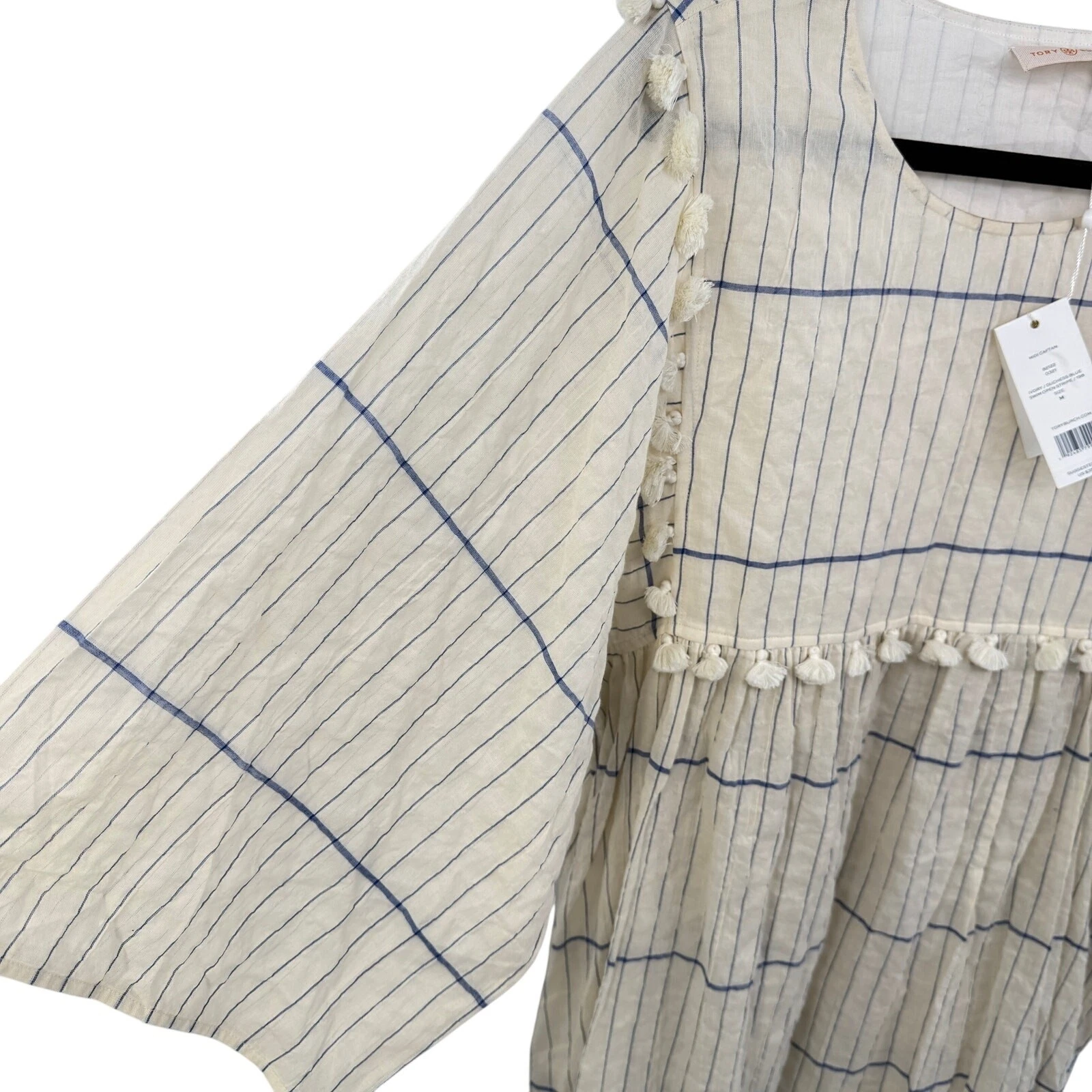 Abito midi duchessa avorio nappe caftano a righe TORY BURCH nuovo con etichette taglia media