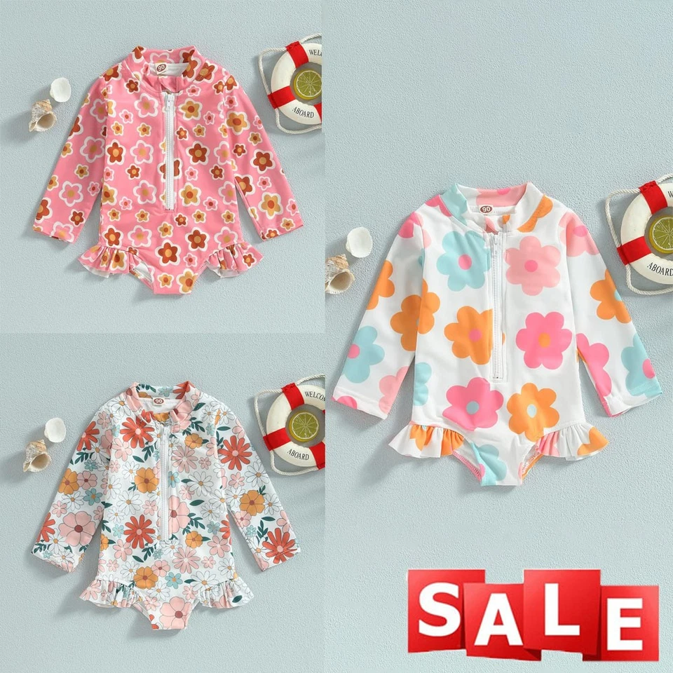 Kleinkind Baby Mädchen Einteiler Badeanzug Blumendruck Reißverschluss Langarm Bademode