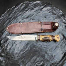 Marbles Gladstone USA WWII Era 6" Bowie Knife Fixed Blade Stag+Leather Sheath