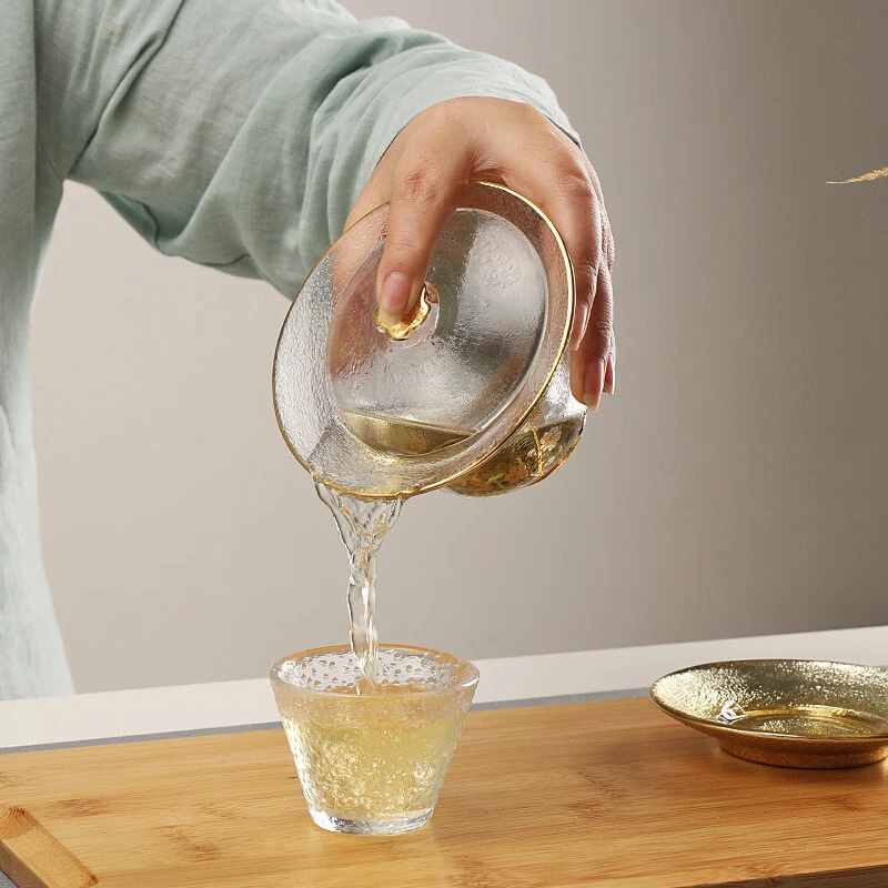 200 ml transparente Gaiwan vidrio tureen relieve floral estampado tazón cubierto taza platillo estera Foto 4 de 4