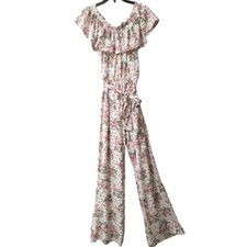 Love Off The Shoulder White Pink Green Floral Wide Leg Jumpsuit Size M Juniors